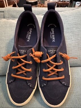 Sperry Navy Canvas Sneakers with Tan Laces STS81904